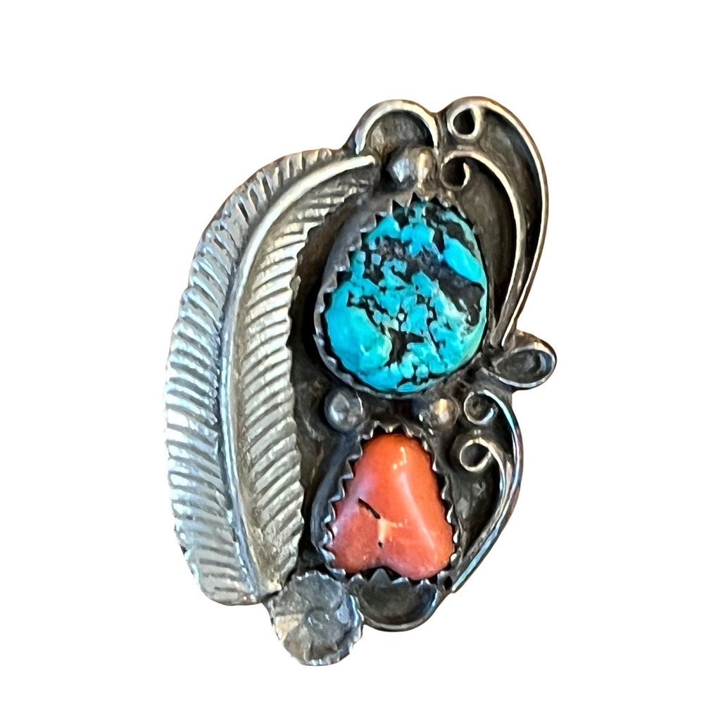 Vintage Native American Turquoise Coral Silver Feather Statement Ring Size 7